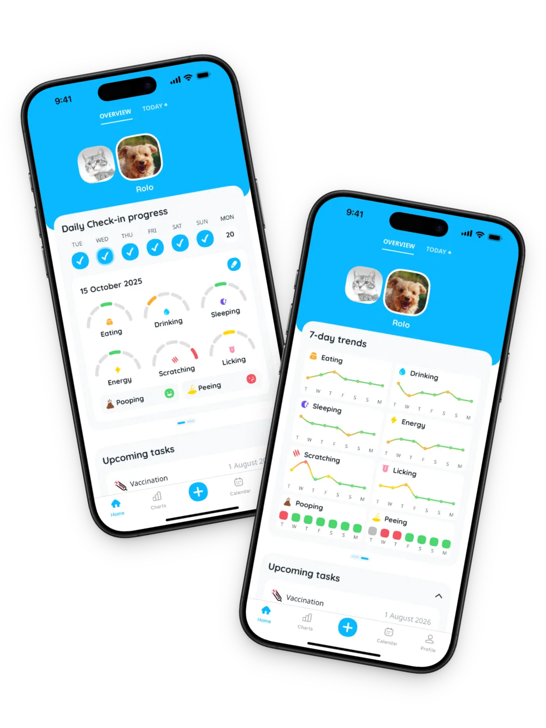Petfetti daily check-in screen summarizing pet wellbeing