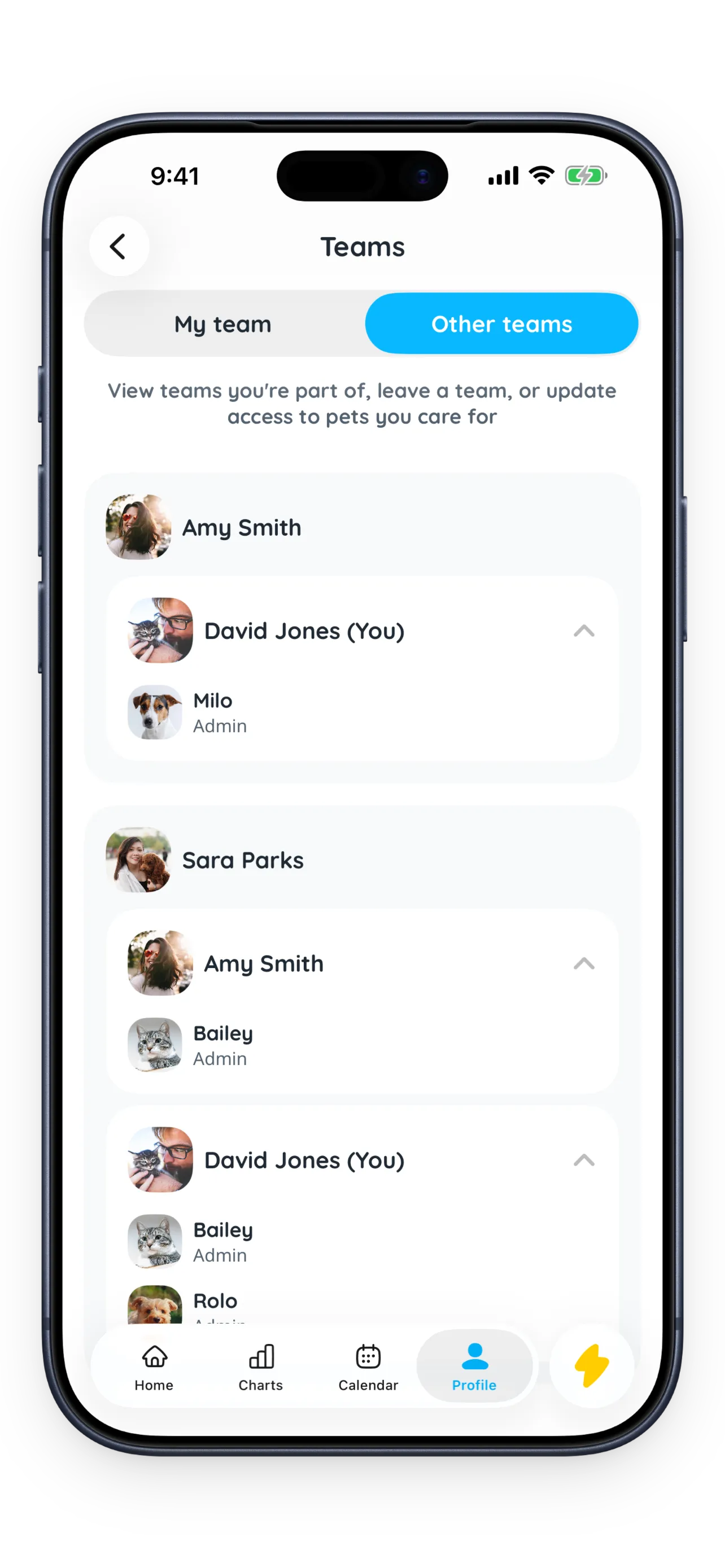 Petfetti teams screen showing shared pet care